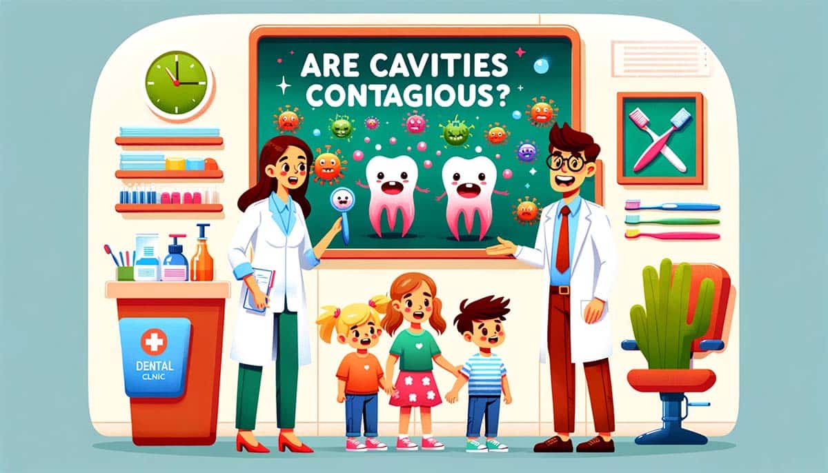 Cartoon dentist educating a diverse group of parents and children about cavity transmission, with fun bacteria characters and dental tools.