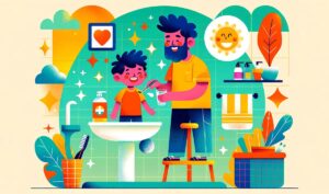 Picture of dad and sun brushing teeth
